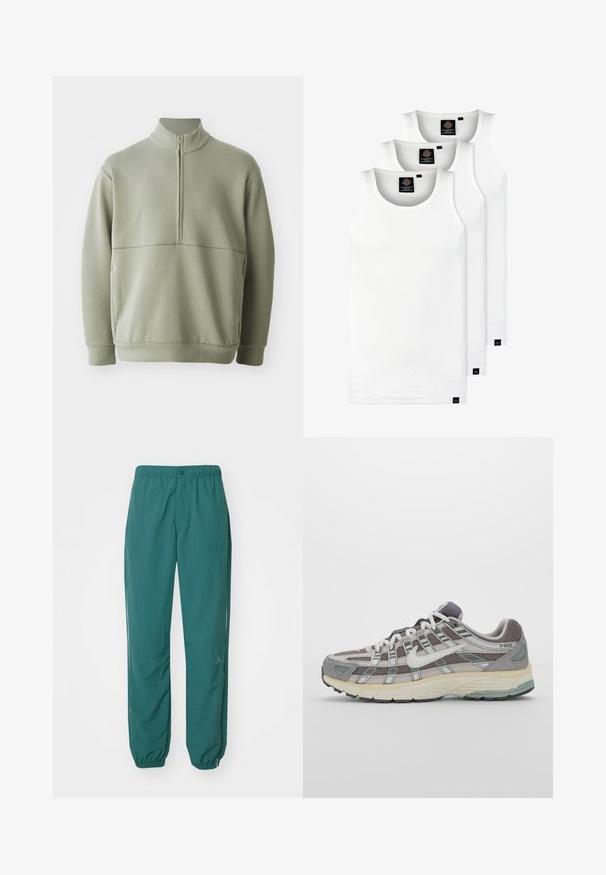 Svijetlozelena, dugosveđena majica s visokim ovratnikom i polu-zipperom. Mehak materijal s horizontalnom šavom preko prsa.; Tri bijele rebraste majice bez rukava od pamuka. Imaju okrugli izrez i male crne oznake blizu rubova. Dostupne su u više veličina.; Tirkizne sportske hlače s elastičnom waistbandom, zatvaranjem na vezicu i skupljenim manžetama. Ima diskretni logo blizu rubova. Lagana tkanina.; Siva sportska tenisica s gornjim dijelom od mrežaste tkanine i zamshta, bijelim detaljima, amortizirajućom potplatom i prepoznatljivim dizajnom s refleksivnim elementima.