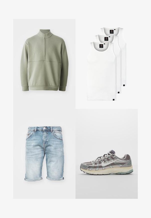 Svetlozelený, dlhý rukáv pulóver s vysokým golierom a polovičným zipsom. Mäkká textúra s horizontálnym švom cez hruď.; Tri biele rebrované tielka vyrobené z bavlny. Majú okrúhly výstrih a malé čierne štítky pri leme. Dostupné v rôznych veľkostiach.; Svetlomodré džínsy s vyblednutým povrchom, srolované manžety, päť vreciek a kovové zapínanie, s jemným efektom vyblednutia.; Šedá športová obuv so zvrškom z nylonu a semišu, bielymi akcentmi, polstrovanou podrážkou a jedinečným dizajnom s reflexnými prvkami.