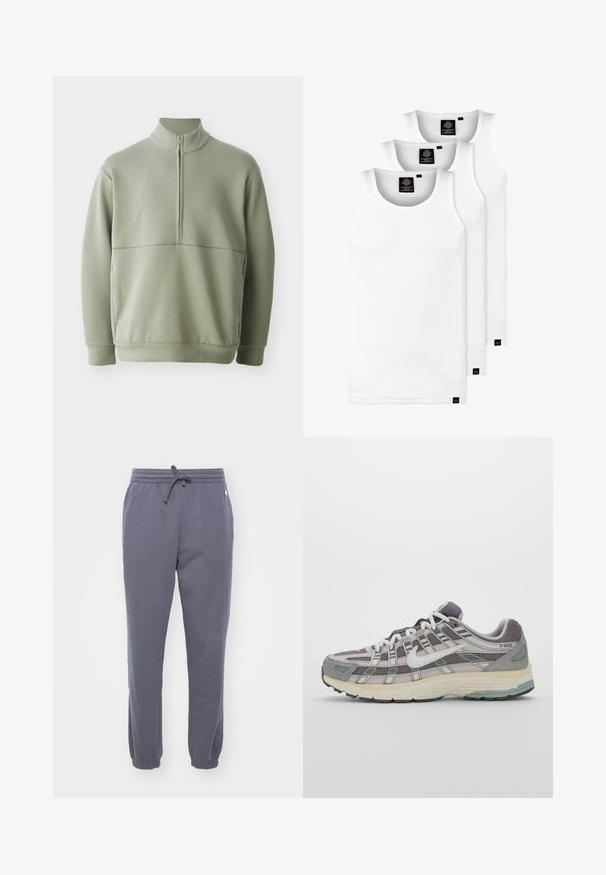 Svetlozelený, dlhý rukáv pulóver s vysokým golierom a polovičným zipsom. Mäkká textúra s horizontálnym švom cez hruď.; Tri biele rebrované tielka vyrobené z bavlny. Majú okrúhly výstrih a malé čierne štítky pri leme. Dostupné v rôznych veľkostiach.; Sivé flísové tepláky s pružným pásom a sťahovacou šnúrkou. Sťahované lemy a detail bočných vreciek. Mäkká textúra vhodná na bežné nosenie.; Šedá športová obuv so zvrškom z nylonu a semišu, bielymi akcentmi, polstrovanou podrážkou a jedinečným dizajnom s reflexnými prvkami.
