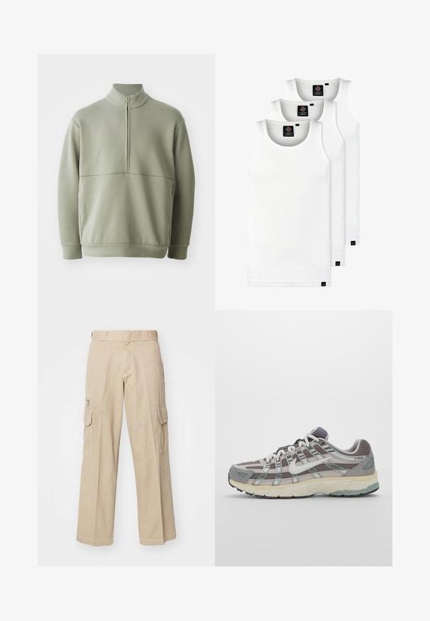 Svetlozelený, dlhý rukáv pulóver s vysokým golierom a polovičným zipsom. Mäkká textúra s horizontálnym švom cez hruď.; Tri biele rebrované tielka vyrobené z bavlny. Majú okrúhly výstrih a malé čierne štítky pri leme. Dostupné v rôznych veľkostiach.; Béžové cargo nohavice s širokým strihom, viacerými vreckami a kontrastným prešívaním. Vyrobené z odolnej bavlny, so škrtidlom.; Šedá športová obuv so zvrškom z nylonu a semišu, bielymi akcentmi, polstrovanou podrážkou a jedinečným dizajnom s reflexnými prvkami.