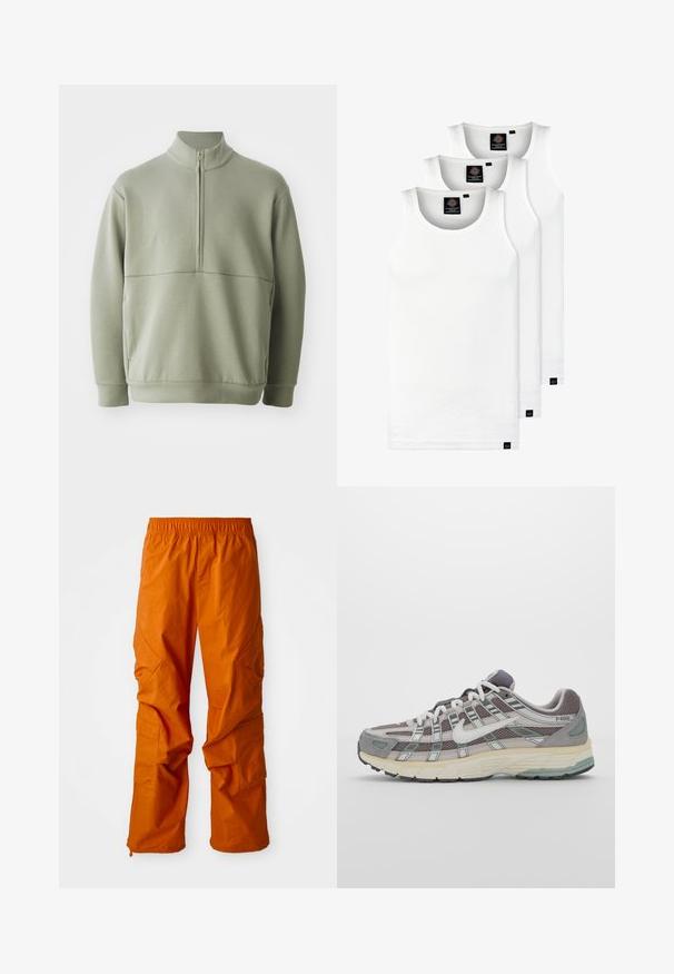 Pull vert clair à manches longues avec un col montant et une fermeture éclair mi-longue. Texture douce avec un détail de couture horizontale sur la poitrine.; Trois débardeurs blancs côtelés en coton. Présentent un col rond et de petites étiquettes noires près de l'ourlet. Disponibles en plusieurs tailles.; Pantalons cargo orange avec taille élastique, dotés de poches latérales et d'une coupe décontractée. Fabriqués en tissu léger, avec une texture douce.; Chaussure de sport grise avec une tige en mesh et en daim, accents blancs, semelle rembourrée et un design distinctif avec des éléments réfléchissants.