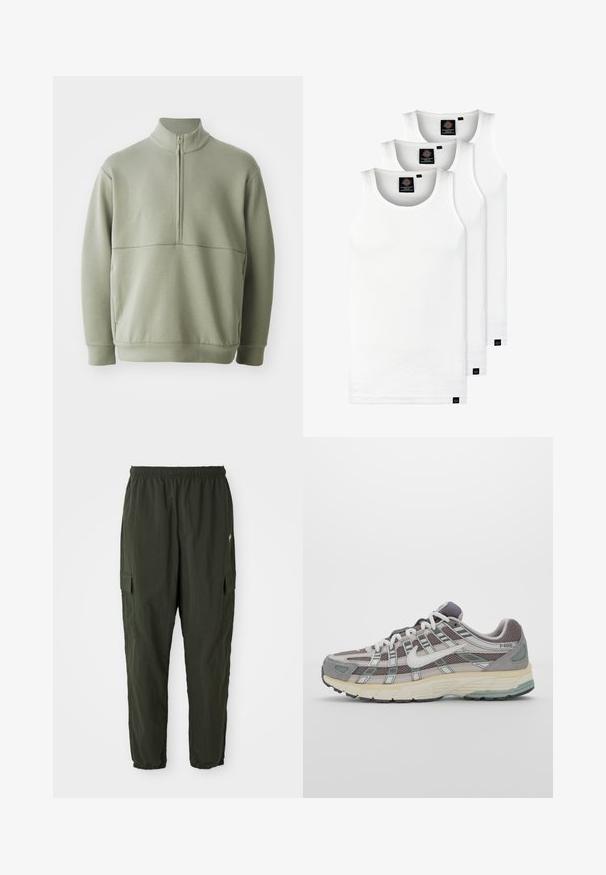 Jasnozielony, długi sweter z długim rękawem, o wysokim kołnierzu i pół-zamkiem. Miękka tekstura z poziomym szwem na wysokości klatki piersiowej.; Trzy białe prążkowane koszulki na ramiączkach wykonane z bawełny. Posiadają okrągły dekolt i małe czarne metki blisko dolnego brzegu. Dostępne w różnych rozmiarach.; Ciemnozielone spodnie cargo wykonane z lekkiego materiału, z elastycznym pasem, zwężającymi się nogawkami oraz bocznymi kieszeniami z klapkami.; Szare buty sportowe z siateczkowym i zamszowym wierzchem, białymi akcentami, amortyzowaną podeszwą oraz charakterystycznym designem z elementami odblaskowymi.