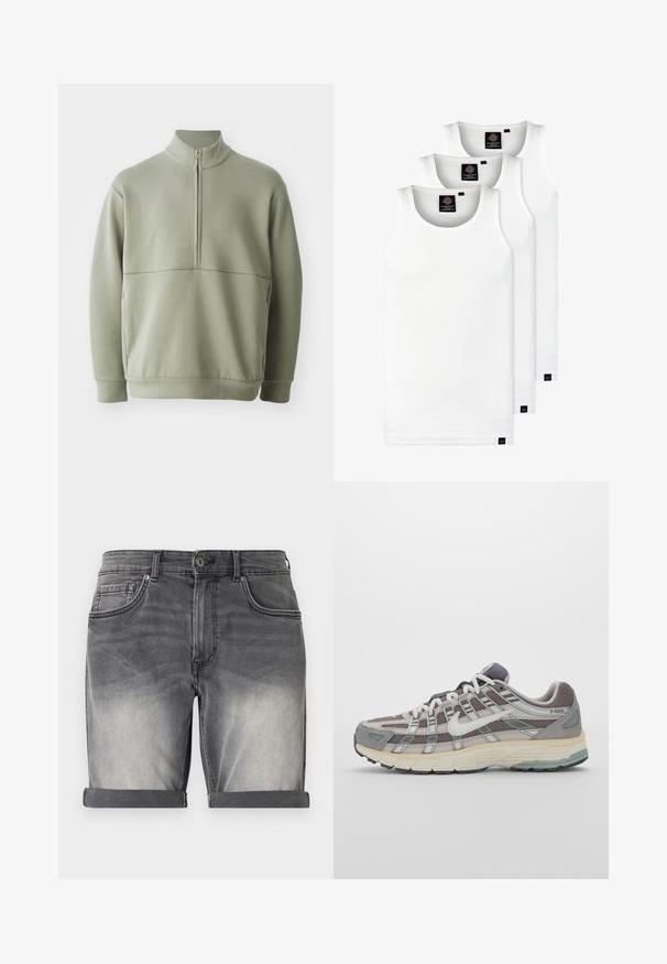 Pullover verde chiaro a maniche lunghe con colletto alto e mezza cerniera. Texture morbida con un dettaglio a cucitura orizzontale sulla parte anteriore.; Tre canotte bianche a coste in cotone. Presentano un colletto rotondo e piccole etichette nere vicino all'orlo. Disponibile in diverse taglie.; Shorts in denim di un nero sbiadito con orlo arrotolato, dotati di cinque tasche e leggero effetto usurato sulla parte anteriore. Chiusura classica con bottone.; Scarpa sportiva grigia con tomaia in mesh e suede, dettagli bianchi, suola ammortizzata e un design distintivo con elementi riflettenti.