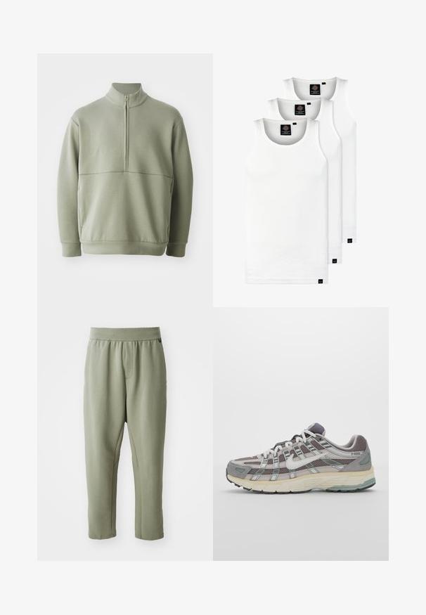 Pullover verde claro de mangas longas com colarinho alto e fecho de correr de meio comprimento. Textura suave com um detalhe de costura horizontal na zona do peito.; Três tops em algodão de alças brancas com nervuras. Apresentam um decote redondo e pequenas etiquetas pretas perto da bainha. Disponíveis em vários tamanhos.; Calças tapered de verde oliva claro feitas de tecido macio, com um cós elástico, um bolso frontal e detalhes de costura discretos.; Sapatilha atlética cinza com parte superior em malha e camurça, detalhes brancos, sola acolchoada e um design distinto com elementos refletivos.