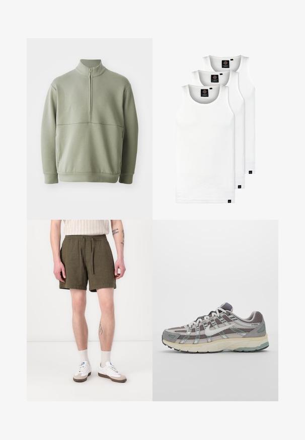 Lichtgroene, langslijve pullover met een hoge kraag en een halve rits. Zachte textuur met een horizontale naaddetails over de borst.; Drie witte geribde tanktops van katoen. Kenmerken zijn een ronde hals en kleine zwarte labels nabij de zoom. Verkrijgbaar in meerdere maten.; Olijfgroene shorts met een elastische tailleband en een koord, voorzien van zijzakken en een rechte snit, gemaakt van een lichtgewicht stof.; Grijze sportieve schoen met een bovenwerk van mesh en suede, witte accenten, een gevoerde zool en een onderscheidend ontwerp met reflecterende elementen.