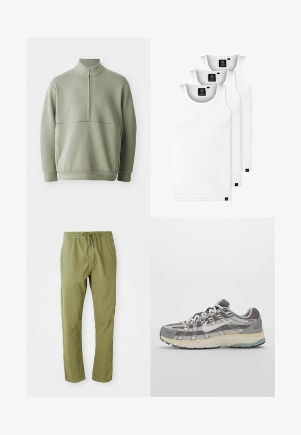 Svijetlozelena, dugosveđena majica s visokim ovratnikom i polu-zipperom. Mehak materijal s horizontalnom šavom preko prsa.; Tri bijele rebraste majice bez rukava od pamuka. Imaju okrugli izrez i male crne oznake blizu rubova. Dostupne su u više veličina.; Maslinasto zelene balon hlače s elastičnom waistbandom i vezicom. Napravljene od mekog materijala s glatkom teksturom i ravnim nogavicama.; Siva sportska tenisica s gornjim dijelom od mrežaste tkanine i zamshta, bijelim detaljima, amortizirajućom potplatom i prepoznatljivim dizajnom s refleksivnim elementima.