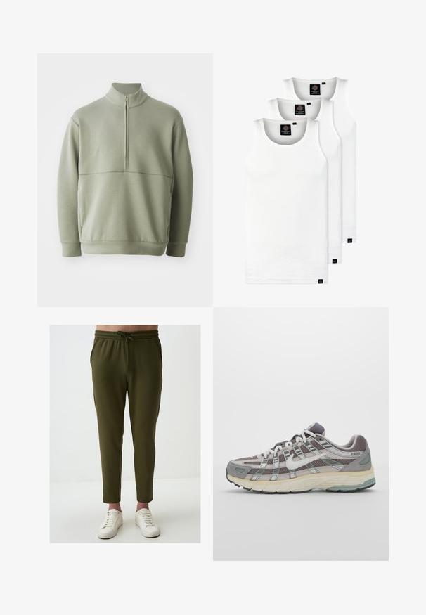 Jasnozielony, długi sweter z długim rękawem, o wysokim kołnierzu i pół-zamkiem. Miękka tekstura z poziomym szwem na wysokości klatki piersiowej.; Trzy białe prążkowane koszulki na ramiączkach wykonane z bawełny. Posiadają okrągły dekolt i małe czarne metki blisko dolnego brzegu. Dostępne w różnych rozmiarach.; Oliwkowe dresy wykonane z miękkiego materiału, z elastycznym pasem ze sznurkiem, zwężanym krojem i bocznymi kieszeniami.; Szare buty sportowe z siateczkowym i zamszowym wierzchem, białymi akcentami, amortyzowaną podeszwą oraz charakterystycznym designem z elementami odblaskowymi.
