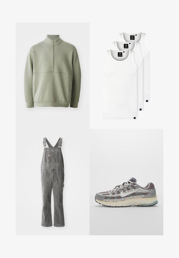Világos zöld, hosszú ujjú pulóver magas gallérral és fél cipzárral. Puha tapintású, a mellkas fölött vízszintes varrási részlettel.; Három fehér csíkos pamut trikó. Felső része kerek nyakkivágású, és a szegély közelében kis fekete címkék találhatók. Több méretben elérhető.; Szürke farmer overál állítható pántokkal, elülső mellzsebből, oldalzsebekből és bő szárakkal. Tartós anyag és laza szabás a kényelemért.; Szürke sportcipő, hálós és velúr felsőrésszel, fehér részletekkel, párnázott talppal és jellegzetes dizájnnal, amely visszaverő elemeket tartalmaz.