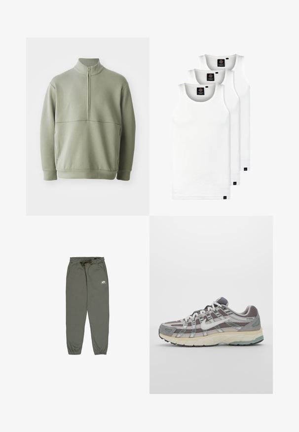 Gaiši zaļš, garām piedurknēm, džemperis ar augstu apkakli un pusi rāvējslēdzēju. Mīksta tekstūra ar horizontālu šuvju detaļu krūšu rajonā.; Trīs baltas ribotas krūšturi, kas izgatavoti no kokvilnas. Iezīmēti ar apaļu kakla izgriezumu un maziem melniem etiķetēm tuvu apakšmalai. Pieejami vairākos izmēros.; Zaļas sporta bikses, kas izgatavotas no mīksta auduma, piedāvā elastīgu jostasvietu ar auklu, sānu kabatas un mazu baltu logo augšstilbī.; Pelēkie sporta apavi ar tīkla un zamša augšdaļu, baltiem akcentiem, mīkstinātu zoli un izcilu dizainu ar atstarotājiem.