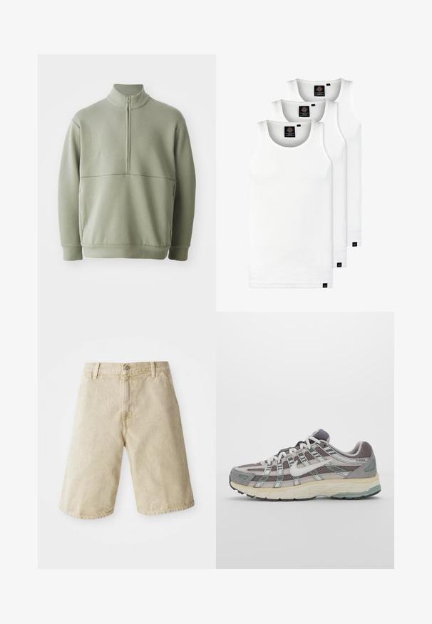 Hellgrüner Pulli mit langen Ärmeln, hohem Kragen und halbem Reißverschluss. Weiche Textur mit einer horizontalen Nahtdetails über der Brust.; Drei weiße, gerippte Tanktops aus Baumwolle. Merkmale einen Rundhalsausschnitt und kleine schwarze Etiketten am Saum. In mehreren Größen erhältlich.; Beige Denim-Shorts mit geradem Schnitt, fünf Taschen, Frontknopf- und Reißverschlussverschluss sowie dezenten Ausbleichungen im Stoff.; Grauer Sportschuh mit einem Obermaterial aus Mesh und Wildleder, weißen Akzenten, einer gepolsterten Sohle und einem charakteristischen Design mit reflektierenden Elementen.