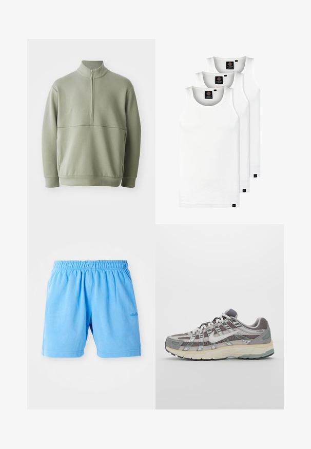 Lys grønn, langermet genser med høy krage og halv glidelås. Myk tekstur med horisontal sømdetalj over brystet.; Tre hvite ribbestrikkede tank topper laget av bomull. Har en rund hals og små svarte etiketter nær kanten. Tilgjengelig i flere størrelser.; Lyseblå bomullsshorts med elastisk midje, designet med en avslappet passform. Har dobbeltsydde nederdeler og et lite logodesign.; Grå treningssko med overdel i nett og semsket skinn, hvite detaljer, en polstret såle, og et særpreget design med reflekterende elementer.