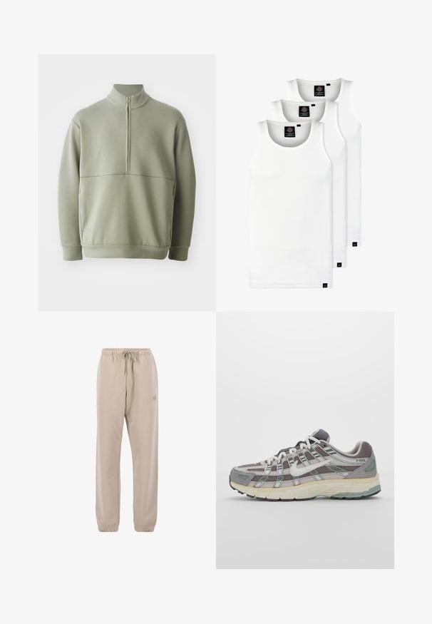 Hellgrüner Pulli mit langen Ärmeln, hohem Kragen und halbem Reißverschluss. Weiche Textur mit einer horizontalen Nahtdetails über der Brust.; Drei weiße, gerippte Tanktops aus Baumwolle. Merkmale einen Rundhalsausschnitt und kleine schwarze Etiketten am Saum. In mehreren Größen erhältlich.; Beige Jogginghose aus weichem Material, mit einem Kordelzugbund, elastischen Bündchen und einem kleinen Logo an der Seite.; Grauer Sportschuh mit einem Obermaterial aus Mesh und Wildleder, weißen Akzenten, einer gepolsterten Sohle und einem charakteristischen Design mit reflektierenden Elementen.