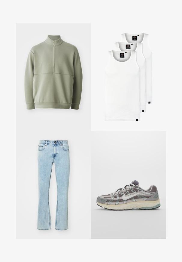 Pull vert clair à manches longues avec un col montant et une fermeture éclair mi-longue. Texture douce avec un détail de couture horizontale sur la poitrine.; Trois débardeurs blancs côtelés en coton. Présentent un col rond et de petites étiquettes noires près de l'ourlet. Disponibles en plusieurs tailles.; Jean en denim bleu clair, taille haute, avec une coupe droite, cinq poches et une fermeture à boutons à l'avant. Détails délavés présents.; Chaussure de sport grise avec une tige en mesh et en daim, accents blancs, semelle rembourrée et un design distinctif avec des éléments réfléchissants.
