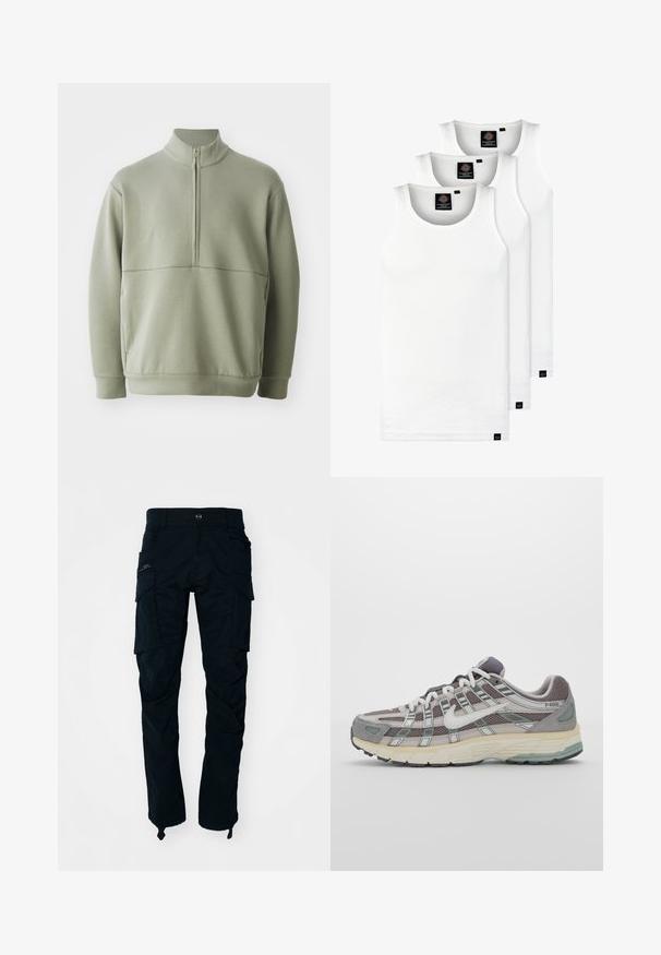 Heledad rohelise, pika varrukaga kootud särk kõrge kraega ja pooltaskuga. Pehme tekstuur, millel on horisontaalne õmbluse detail rinnaosas.; Kolm valget ribaga t-särki, mis on valmistatud puuvillast. Omavad ümmargust kaelanõhku ja väikseid musti silte hemme lähedal. Saadaval erinevates suurustes.; Mustad mustad püksid, mis on valmistatud puuvillast, mitmete küljetaskutega, lukuga taskuga ning sirge jala disainiga, millel on reguleeritavad pahkluu rihmad.; Hallus hallitus jalanõud, millel on võrgust ja sametist ülemine osa, valged rõhutused, pehme tald ning eristuv disain peegelduvate elementidega.