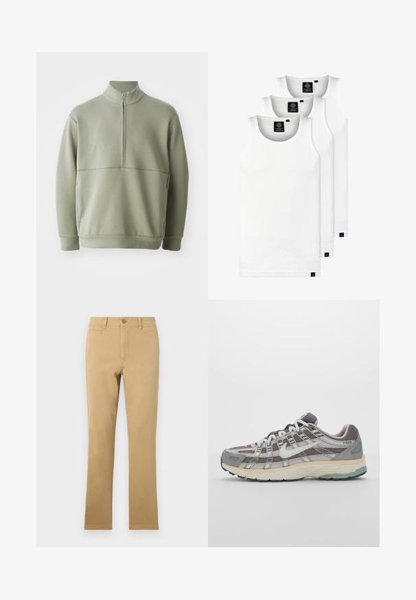 Light green, long-sleeve pullover with a high collar and half zipper. Soft texture with a horizontal seam detail across the chest.; Three white ribbed tank tops made of cotton. Features a crew neck and small black labels near the hem. Available in multiple sizes.; Khaki-colored straight-leg pants made of cotton, featuring a button closure, front pockets, and a smooth texture.; Gray athletic shoe featuring a mesh and suede upper, white accents, a cushioned sole, and a distinctive design with reflective elements.