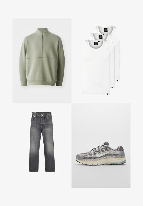 Vaaleanvihreä pitkähihainen neulepusero, jossa on korkea kaulus ja puoli vetoketju. Pehmeä pinta ja vaakasuora sauman yksityiskohta rinnassa.; Kolme valkoista ribbitekstiilistä toppia, jotka on valmistettu puuvillasta. Ominaisuuksiin kuuluu pyöreä pääntie ja pieni musta etiketti helman lähellä. Saatavilla useissa kooissa.; Farkut haalistuneessa mustassa värissä, suoran lahkeen muotoilulla, viidellä taskulla ja metallinappikiinnityksellä vyötäröllä.; Harmaa urheilukenkä, jossa on verkko- ja mokkanahkainen yläosa, valkoiset yksityiskohdat, pehmustettu pohja ja erottuva muotoilu heijastavilla elementeillä.