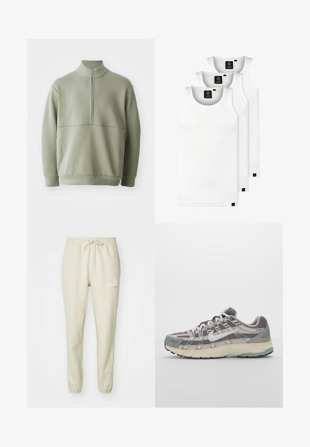 Gaiši zaļš, garām piedurknēm, džemperis ar augstu apkakli un pusi rāvējslēdzēju. Mīksta tekstūra ar horizontālu šuvju detaļu krūšu rajonā.; Trīs baltas ribotas krūšturi, kas izgatavoti no kokvilnas. Iezīmēti ar apaļu kakla izgriezumu un maziem melniem etiķetēm tuvu apakšmalai. Pieejami vairākos izmēros.; Gai krēmveida sporta bikses, kas izgatavotas no mīksta auduma, ar elastīgu jostu un auklu, piegulošiem potīšu galiem un mazu drukātu logotipa detaļu.; Pelēkie sporta apavi ar tīkla un zamša augšdaļu, baltiem akcentiem, mīkstinātu zoli un izcilu dizainu ar atstarotājiem.