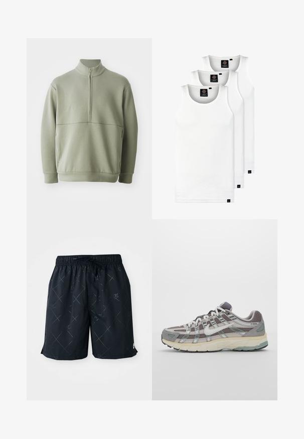 Šviesiai žalias, ilgos rankovės megztinis su aukšta apykakle ir pusiau užtrauktuku. Minkšta tekstūra su horizontalia siūle per krūtinę.; Trys balti, dryžuoti marškiniai be rankovių, pagaminti iš medvilnės. Yra apvalus kaklas ir maži juodi etiketės netoli siūlės. Siūlomi įvairių dydžių.; Juodi maudymosi šortai su deimanto raštu ir Nike logo, pagaminti iš lengvos medžiagos. Savybės: elastingas juosmuo su raišteliu.; Pilkas sportinis batas su tinklu ir zomšos viršutine dalimi, baltomis detalėmis, paminkštintu padu ir išskirtiniu dizainu su atspindinčiais elementais.