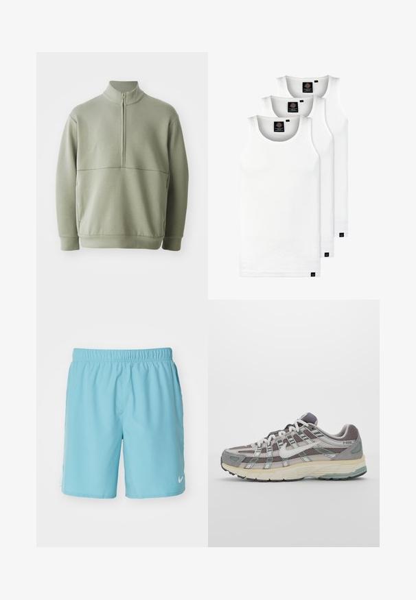 Šviesiai žalias, ilgos rankovės megztinis su aukšta apykakle ir pusiau užtrauktuku. Minkšta tekstūra su horizontalia siūle per krūtinę.; Trys balti, dryžuoti marškiniai be rankovių, pagaminti iš medvilnės. Yra apvalus kaklas ir maži juodi etiketės netoli siūlės. Siūlomi įvairių dydžių.; Nike Performance CHALLENGER SHORT - Sportiniai šortai - denim turq/glacier blue/black/silver; Pilkas sportinis batas su tinklu ir zomšos viršutine dalimi, baltomis detalėmis, paminkštintu padu ir išskirtiniu dizainu su atspindinčiais elementais.