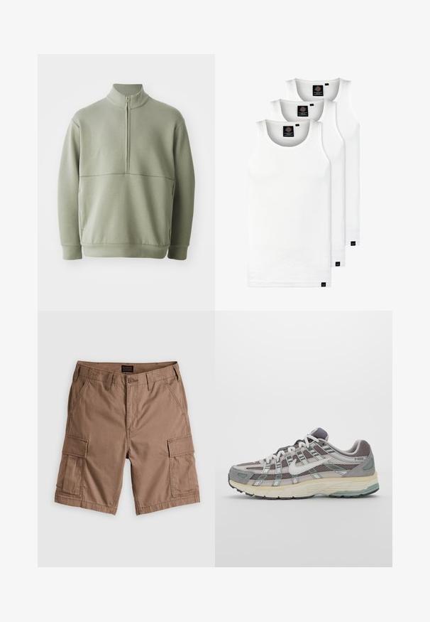 Šviesiai žalias, ilgos rankovės megztinis su aukšta apykakle ir pusiau užtrauktuku. Minkšta tekstūra su horizontalia siūle per krūtinę.; Trys balti, dryžuoti marškiniai be rankovių, pagaminti iš medvilnės. Yra apvalus kaklas ir maži juodi etiketės netoli siūlės. Siūlomi įvairių dydžių.; Rudos šortai iš medvilnės, su keliais šoninės kišenėmis, mygtukų užtrauktuku ir plokščiu priekiu. Lygus paviršius, kasdieniškas stilius.; Pilkas sportinis batas su tinklu ir zomšos viršutine dalimi, baltomis detalėmis, paminkštintu padu ir išskirtiniu dizainu su atspindinčiais elementais.