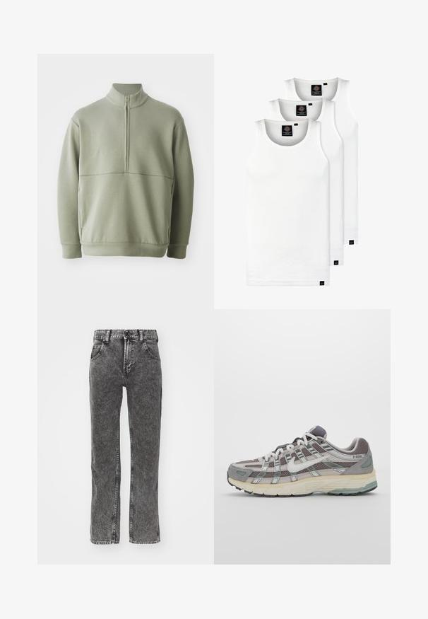 Heledad rohelise, pika varrukaga kootud särk kõrge kraega ja pooltaskuga. Pehme tekstuur, millel on horisontaalne õmbluse detail rinnaosas.; Kolm valget ribaga t-särki, mis on valmistatud puuvillast. Omavad ümmargust kaelanõhku ja väikseid musti silte hemme lähedal. Saadaval erinevates suurustes.; Mustad, kõrge talje ja sirge säärega mustad teksapüksid. Pleekinud pesu, viis taskut ja kontrastõmblused õmbluste ääres.; Hallus hallitus jalanõud, millel on võrgust ja sametist ülemine osa, valged rõhutused, pehme tald ning eristuv disain peegelduvate elementidega.