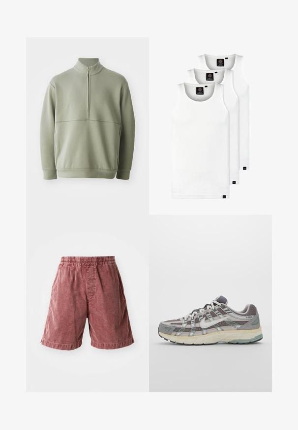 Pulover lung cu mânecă lungă, de culoare verde deschis, cu guler înalt și fermoar pe jumătate. Textură moale cu un detaliu de cusătură orizontală pe piept.; Trei maieuri albe ribbate din bumbac. Au un guler rotund și etichete negre mici lângă tiv. Disponibile în mai multe mărimi.; Pantaloni scurți din bumbac de culoare ruginită, cu un talie elastică, având o suprafață texturată și buzunare laterale, care se termină chiar deasupra genunchiului.; Pantofii sport gri sunt realizați dintr-un amestec de plasă și piele întoarsă, cu accente albe, o talpă bine îmbrăcată și un design distinctiv cu elemente reflectorizante.