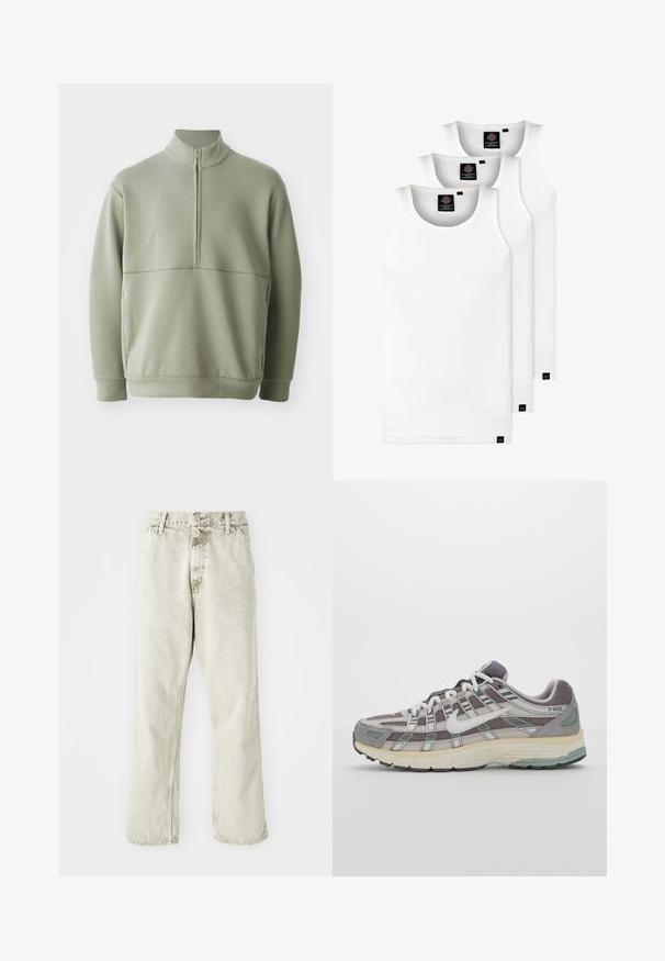 Svijetlozelena, dugosveđena majica s visokim ovratnikom i polu-zipperom. Mehak materijal s horizontalnom šavom preko prsa.; Tri bijele rebraste majice bez rukava od pamuka. Imaju okrugli izrez i male crne oznake blizu rubova. Dostupne su u više veličina.; Svijetlosivi traperice s ravnim krojem, zatvaranjem na dugme i petljama za pojas. Imaju suptilnu teksturu i minimalističke detalje šivanja.; Siva sportska tenisica s gornjim dijelom od mrežaste tkanine i zamshta, bijelim detaljima, amortizirajućom potplatom i prepoznatljivim dizajnom s refleksivnim elementima.