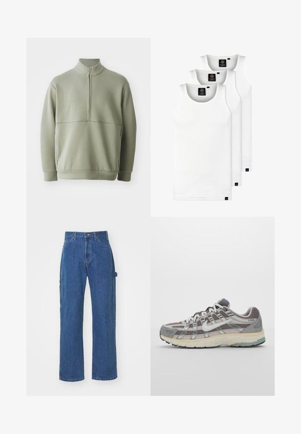 Svetlo zeleni pulover z dolgimi rokavi, visokim ovratnikom in polnim zadrgo. Mehak material z vodoravno šivano podrobnostjo čez prsi.; Tri bele rebraste majice brez rokavov iz bombaža. Imajo okroglo izreza in majhne črne etikete blizu roba. Na voljo v več velikostih.; Modre kavbojke v sproščenem kroju s ravnim nogavicom, z sprednjimi in zadnjimi žepi ter gumbom za zapiranje v pasu.; Sive športne čevlje z zgornjim delom iz mrežastega in semiš materiala, belimi akcenti, oblazinjenim podplatom ter edinstvenim dizajnom z odsevnimi elementi.