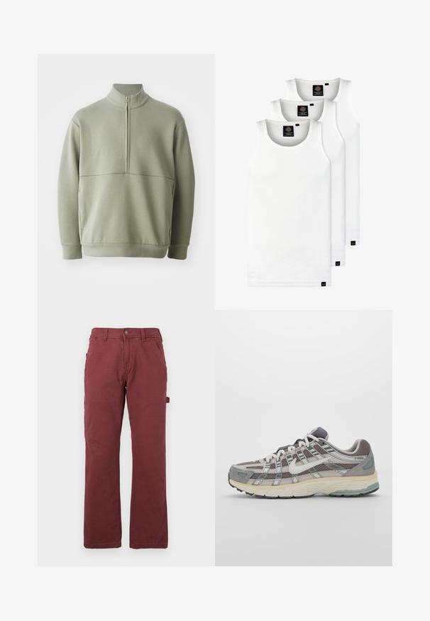 Lys grønn, langermet genser med høy krage og halv glidelås. Myk tekstur med horisontal sømdetalj over brystet.; Tre hvite ribbestrikkede tank topper laget av bomull. Har en rund hals og små svarte etiketter nær kanten. Tilgjengelig i flere størrelser.; Mennenes rette ben arbeidsbukser i mørkerødt med frontlommer, beltehemper, knapp, glidelås-lukking, og en side verktøyløkke.; Grå treningssko med overdel i nett og semsket skinn, hvite detaljer, en polstret såle, og et særpreget design med reflekterende elementer.