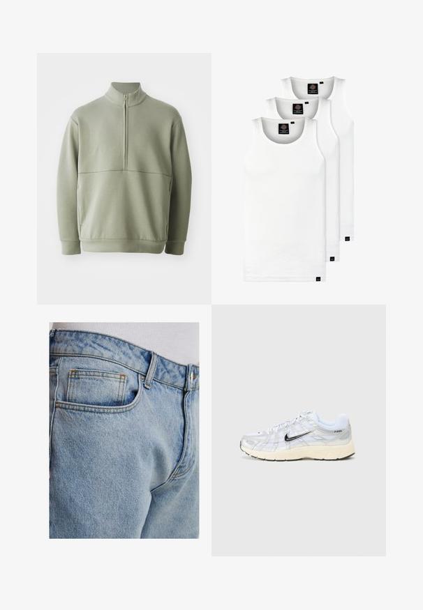 Suéter de manga larga verde claro con un cuello alto y media cremallera. Textura suave con un detalle de costura horizontal en el pecho.; Tres camisetas sin mangas de algodón de color blanco con canalé. Cuentan con cuello redondo y pequeñas etiquetas negras cerca del dobladillo. Disponibles en múltiples tamaños.; Jeans de denim azul claro con un corte clásico, que cuentan con un bolsillo trasero, costura a contraste y una textura suave.; Zapatillas de malla blancas con acentos plateados, logo de Nike en negro, cuello acolchado y suela texturizada. Presenta un diseño en capas para mayor estabilidad.