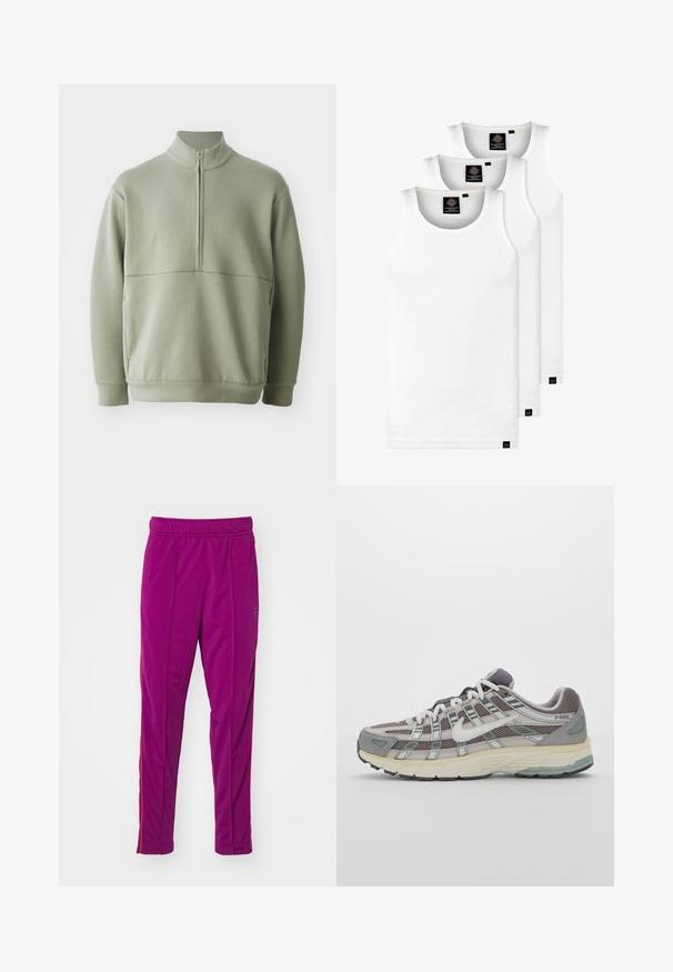 Hellgrüner Pulli mit langen Ärmeln, hohem Kragen und halbem Reißverschluss. Weiche Textur mit einer horizontalen Nahtdetails über der Brust.; Drei weiße, gerippte Tanktops aus Baumwolle. Merkmale einen Rundhalsausschnitt und kleine schwarze Etiketten am Saum. In mehreren Größen erhältlich.; Fleece-Jogginghose in kräftigem Lila mit Slim-Fit, elastischem Taillenbund und roten Seitenstreifen. Glatte Textur, tapered Knöchel-Design.; Grauer Sportschuh mit einem Obermaterial aus Mesh und Wildleder, weißen Akzenten, einer gepolsterten Sohle und einem charakteristischen Design mit reflektierenden Elementen.