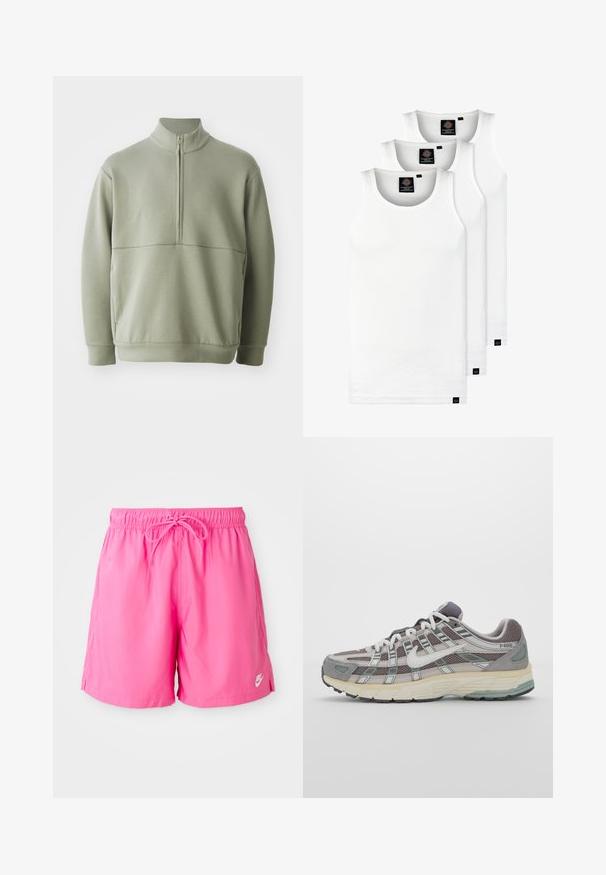 Svetlozelený, dlhý rukáv pulóver s vysokým golierom a polovičným zipsom. Mäkká textúra s horizontálnym švom cez hruď.; Tri biele rebrované tielka vyrobené z bavlny. Majú okrúhly výstrih a malé čierne štítky pri leme. Dostupné v rôznych veľkostiach.; Ružové športové šortky s elastickým pásom a šnúrkou. Vyrobené z ľahkého materiálu, majú bočné rozparky a malý logotyp.; Šedá športová obuv so zvrškom z nylonu a semišu, bielymi akcentmi, polstrovanou podrážkou a jedinečným dizajnom s reflexnými prvkami.