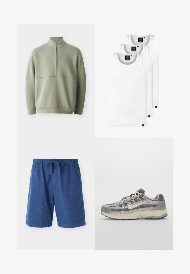 Light green, long-sleeve pullover with a high collar and half zipper. Soft texture with a horizontal seam detail across the chest.; Three white ribbed tank tops made of cotton. Features a crew neck and small black labels near the hem. Available in multiple sizes.; Blue woven shorts with an elastic waistband, drawstring closure, and side pockets. Short length with a smooth, textured surface.; Gray athletic shoe featuring a mesh and suede upper, white accents, a cushioned sole, and a distinctive design with reflective elements.