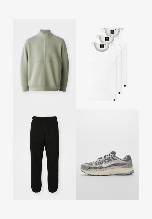 Svetlozelený, dlhý rukáv pulóver s vysokým golierom a polovičným zipsom. Mäkká textúra s horizontálnym švom cez hruď.; Tri biele rebrované tielka vyrobené z bavlny. Majú okrúhly výstrih a malé čierne štítky pri leme. Dostupné v rôznych veľkostiach.; Čierne teplákové nohavice vyrobené z mäkkej látky s elastickým pásom, sťahovaním na členkoch a malým logom na boku.; Šedá športová obuv so zvrškom z nylonu a semišu, bielymi akcentmi, polstrovanou podrážkou a jedinečným dizajnom s reflexnými prvkami.