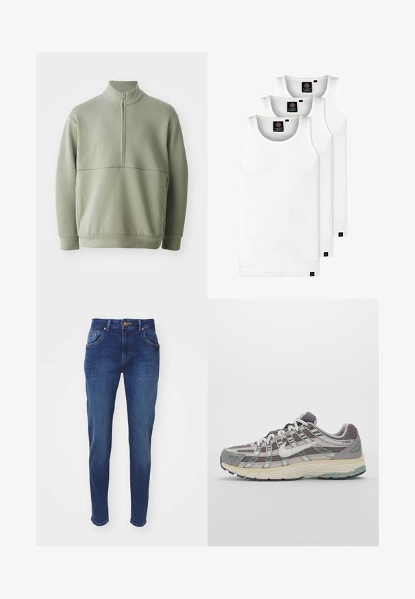Lys grønn, langermet genser med høy krage og halv glidelås. Myk tekstur med horisontal sømdetalj over brystet.; Tre hvite ribbestrikkede tank topper laget av bomull. Har en rund hals og små svarte etiketter nær kanten. Tilgjengelig i flere størrelser.; Mørkeblå denimjeans med rett ben-design, fem lommer og kobberknap-lukning. Lette slidser tilføjer tekstur.; Grå treningssko med overdel i nett og semsket skinn, hvite detaljer, en polstret såle, og et særpreget design med reflekterende elementer.