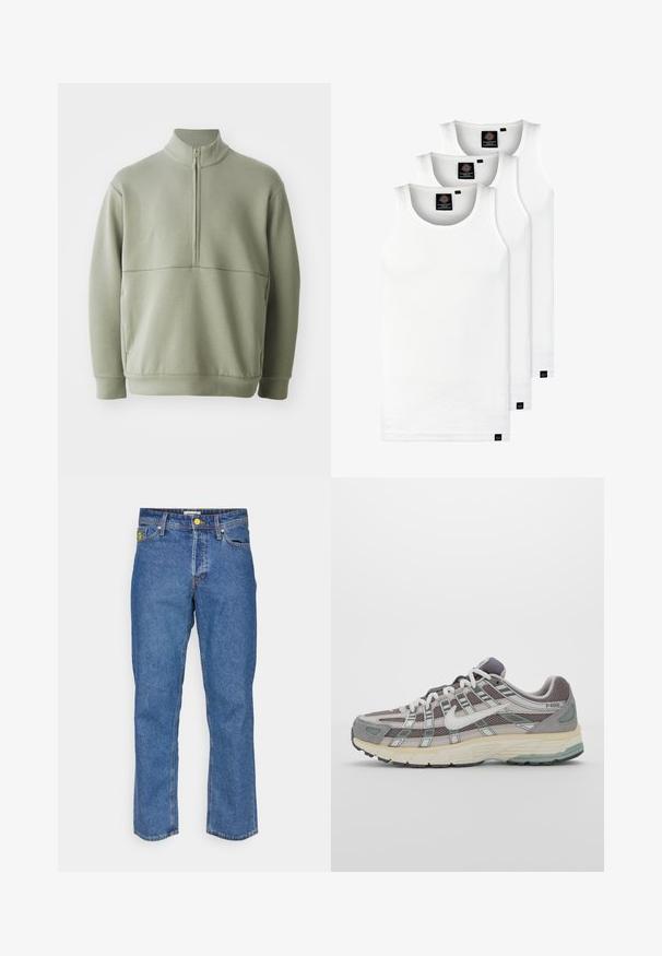 Šviesiai žalias, ilgos rankovės megztinis su aukšta apykakle ir pusiau užtrauktuku. Minkšta tekstūra su horizontalia siūle per krūtinę.; Trys balti, dryžuoti marškiniai be rankovių, pagaminti iš medvilnės. Yra apvalus kaklas ir maži juodi etiketės netoli siūlės. Siūlomi įvairių dydžių.; Mėlynos džinsinės kelnės su tiesiu pjūviu, turinčios geltoną metalinę furnitūrą, penkias kišenes ir subtilius siuvimo akcentus visame paviršiuje.; Pilkas sportinis batas su tinklu ir zomšos viršutine dalimi, baltomis detalėmis, paminkštintu padu ir išskirtiniu dizainu su atspindinčiais elementais.