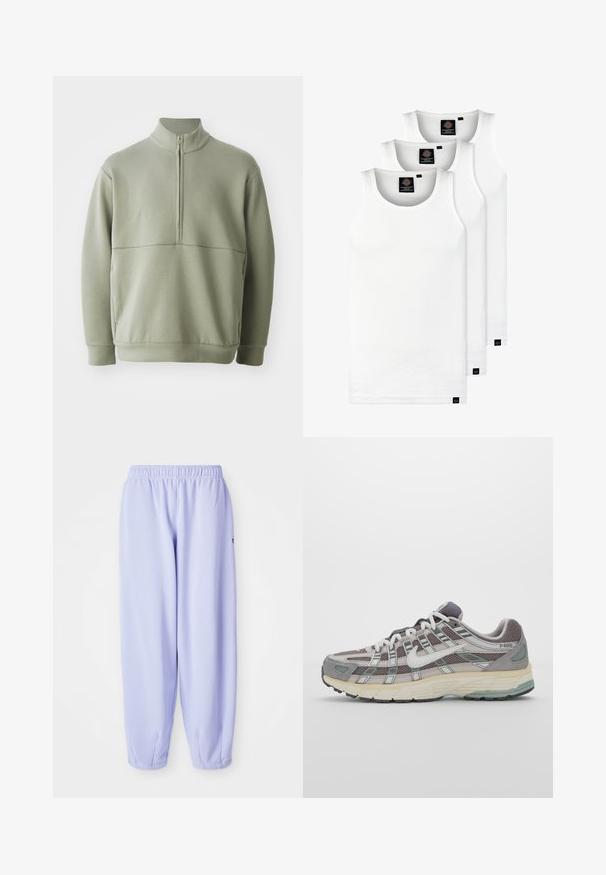 Ljusgrön, långärmad tröja med hög krage och halvmått. Mjuk textur med en horisontell sömdetalj över bröstet.; Tre vita ribbade linnen i bomull. Har rund halsringning och små svarta etiketter vid fållen. Finns i flera storlekar.; Lila sweatpants med resårmidja, smalnande ben och ribbade manschetter. Tillverkade av mjukt, ventilerande tyg.; Grå atletiska sko med en överdel av mesh och mocka, vita accenter, en vadderad sula och en unik design med reflekterande element.