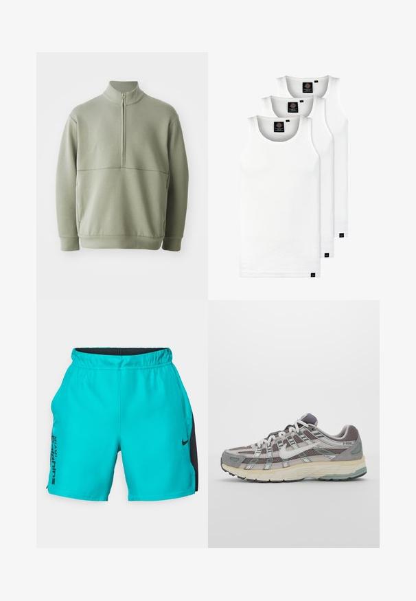 Vaaleanvihreä pitkähihainen neulepusero, jossa on korkea kaulus ja puoli vetoketju. Pehmeä pinta ja vaakasuora sauman yksityiskohta rinnassa.; Kolme valkoista ribbitekstiilistä toppia, jotka on valmistettu puuvillasta. Ominaisuuksiin kuuluu pyöreä pääntie ja pieni musta etiketti helman lähellä. Saatavilla useissa kooissa.; Turkoosi urheilushortsit, joissa on sileä kangas ja musta sivupaneeli. Vasemmassa jalassa on logo ja teksti. Mukavuutta varten joustava vyötärö.; Harmaa urheilukenkä, jossa on verkko- ja mokkanahkainen yläosa, valkoiset yksityiskohdat, pehmustettu pohja ja erottuva muotoilu heijastavilla elementeillä.