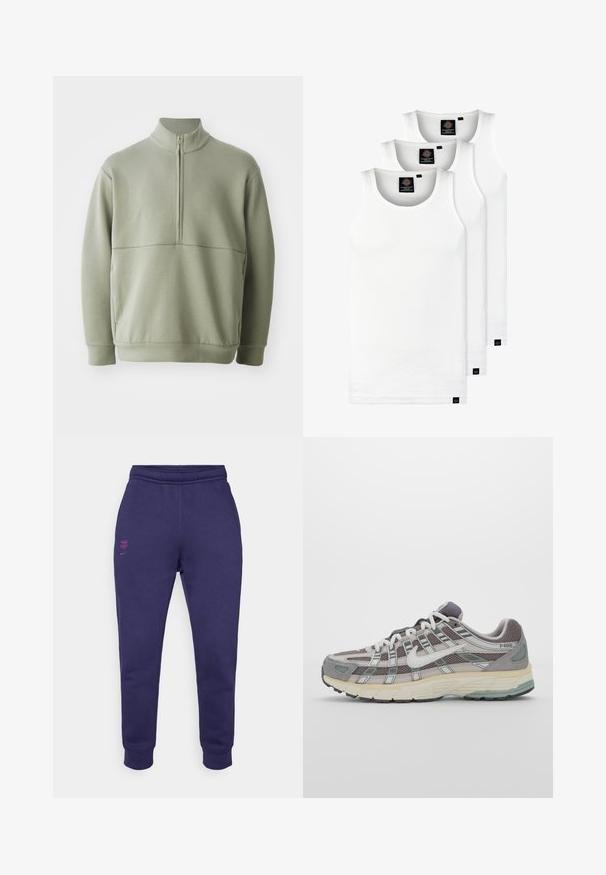 Világos zöld, hosszú ujjú pulóver magas gallérral és fél cipzárral. Puha tapintású, a mellkas fölött vízszintes varrási részlettel.; Három fehér csíkos pamut trikó. Felső része kerek nyakkivágású, és a szegély közelében kis fekete címkék találhatók. Több méretben elérhető.; Lila pamut melegítőnadrág, rugalmas derekú, szűkített lábakkal, rózsaszín hímzett logóval a bal elülső és a hátsó oldalon.; Szürke sportcipő, hálós és velúr felsőrésszel, fehér részletekkel, párnázott talppal és jellegzetes dizájnnal, amely visszaverő elemeket tartalmaz.