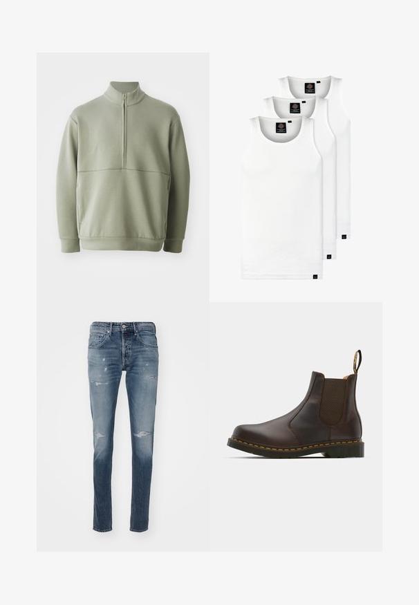 Vaaleanvihreä pitkähihainen neulepusero, jossa on korkea kaulus ja puoli vetoketju. Pehmeä pinta ja vaakasuora sauman yksityiskohta rinnassa.; Kolme valkoista ribbitekstiilistä toppia, jotka on valmistettu puuvillasta. Ominaisuuksiin kuuluu pyöreä pääntie ja pieni musta etiketti helman lähellä. Saatavilla useissa kooissa.; Replay WILLBI PANTS - Straight leg -farkut - medium blue; Ruskean nahkainen Chelsea-kengä, jossa on elastiset sivupaneelit, teksturoitu korko ja kontrastivärinen keltainen tikkaus. Varustettu vetoketjulla helppoa pukemista varten.