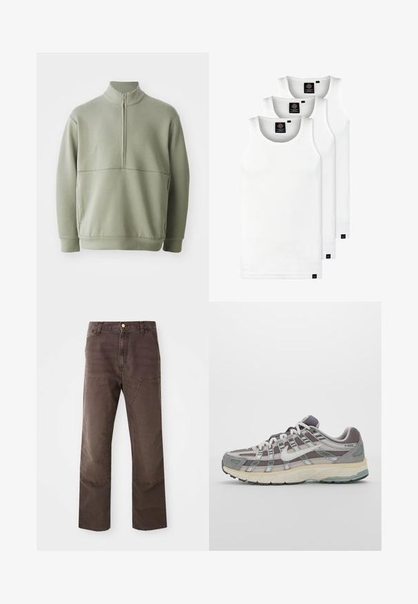 Suéter de manga larga verde claro con un cuello alto y media cremallera. Textura suave con un detalle de costura horizontal en el pecho.; Tres camisetas sin mangas de algodón de color blanco con canalé. Cuentan con cuello redondo y pequeñas etiquetas negras cerca del dobladillo. Disponibles en múltiples tamaños.; Pantalones rectos marrones de mezcla de algodón. Con bolsillos de parche en la parte frontal y costuras en contraste. Terminados con un cierre clásico de botón.; Zapatilla deportiva gris con parte superior de malla y ante, acentos blancos, suela acolchada y un diseño distintivo con elementos reflectantes.