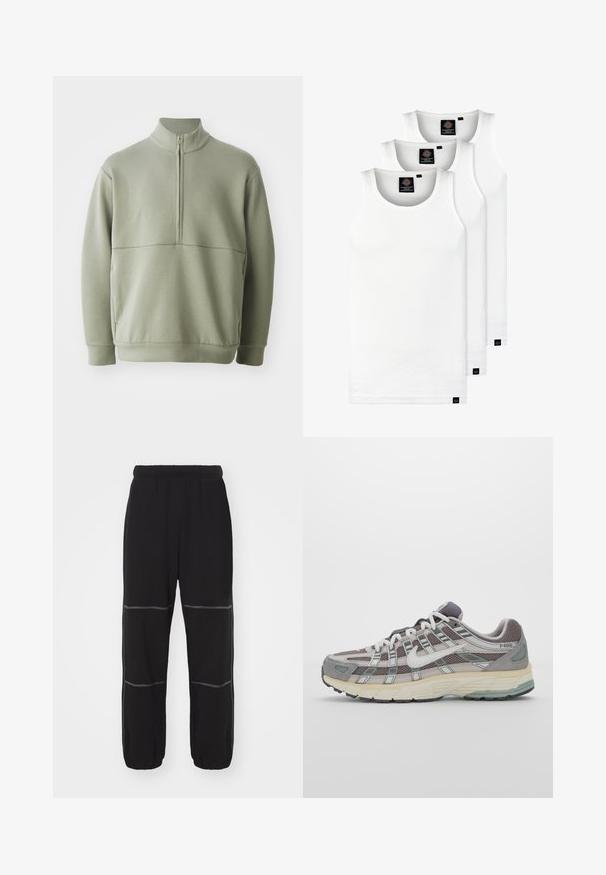 Gaiši zaļš, garām piedurknēm, džemperis ar augstu apkakli un pusi rāvējslēdzēju. Mīksta tekstūra ar horizontālu šuvju detaļu krūšu rajonā.; Trīs baltas ribotas krūšturi, kas izgatavoti no kokvilnas. Iezīmēti ar apaļu kakla izgriezumu un maziem melniem etiķetēm tuvu apakšmalai. Pieejami vairākos izmēros.; Melni sporta bikses ar elastīgu jostasvietu, kas rotātas ar kontrastējošām pelēkām šuvēm un mala. Dizainā ietilpst divas horizontālas šuves katrā biksēs.; Pelēkie sporta apavi ar tīkla un zamša augšdaļu, baltiem akcentiem, mīkstinātu zoli un izcilu dizainu ar atstarotājiem.