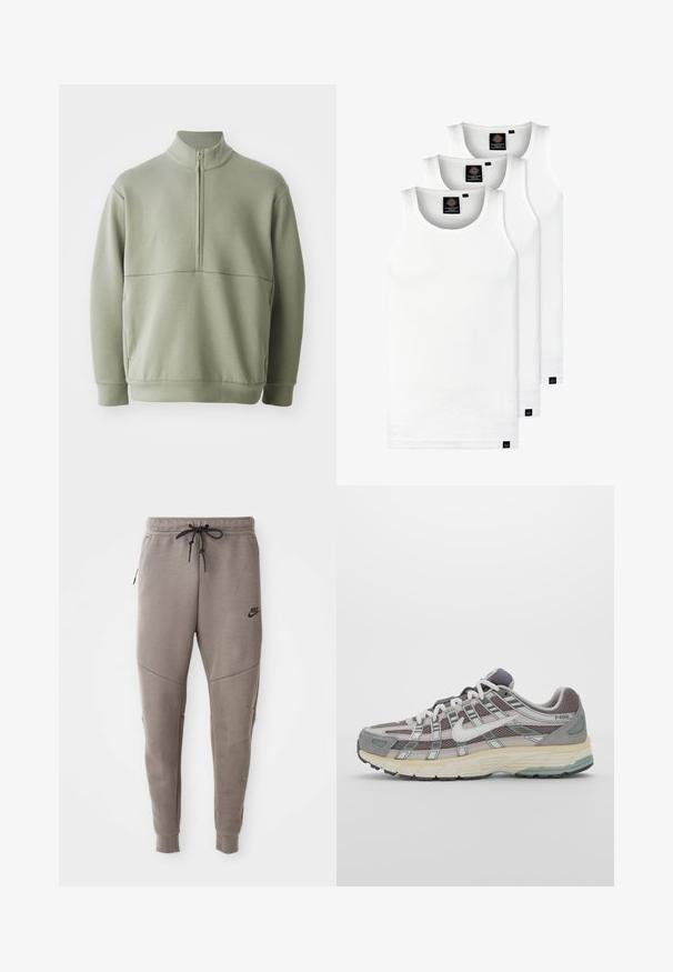 Gaiši zaļš, garām piedurknēm, džemperis ar augstu apkakli un pusi rāvējslēdzēju. Mīksta tekstūra ar horizontālu šuvju detaļu krūšu rajonā.; Trīs baltas ribotas krūšturi, kas izgatavoti no kokvilnas. Iezīmēti ar apaļu kakla izgriezumu un maziem melniem etiķetēm tuvu apakšmalai. Pieejami vairākos izmēros.; Pelēki Nike sporta bikses ar aukliņu viduklī, sašaurinātiem galiem, sānu kabatām un izteiktām šuvēm. Mīksta, teksturēta auduma.; Pelēkie sporta apavi ar tīkla un zamša augšdaļu, baltiem akcentiem, mīkstinātu zoli un izcilu dizainu ar atstarotājiem.