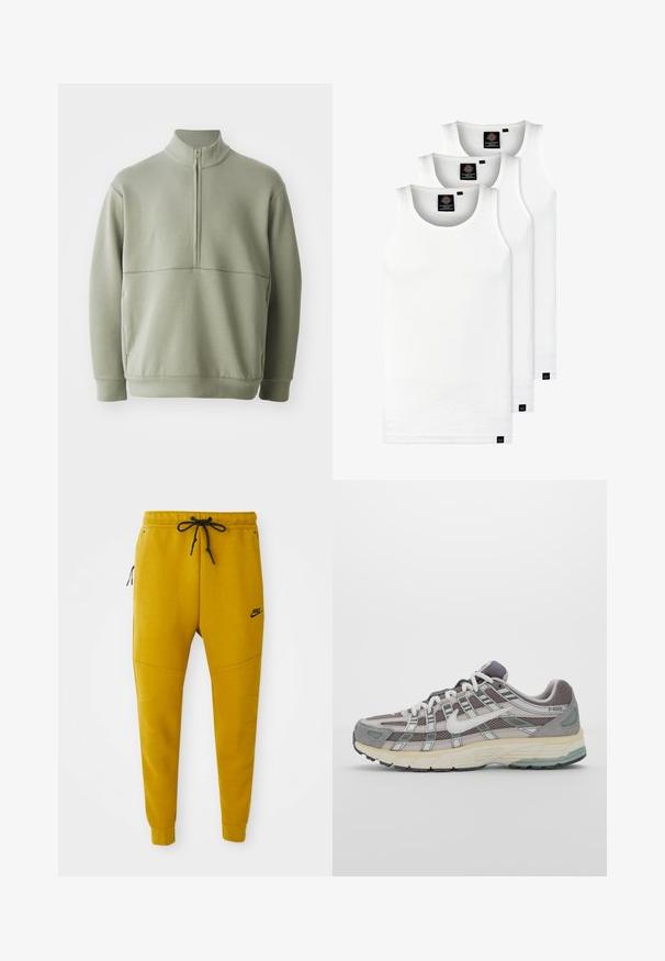 Lys grønn, langermet genser med høy krage og halv glidelås. Myk tekstur med horisontal sømdetalj over brystet.; Tre hvite ribbestrikkede tank topper laget av bomull. Har en rund hals og små svarte etiketter nær kanten. Tilgjengelig i flere størrelser.; Nike joggebukser i livlig sennepsgul, laget av myk stoff. Har elastisk midjebånd med snøring, sidelommer med glidelås og tapered bein.; Grå treningssko med overdel i nett og semsket skinn, hvite detaljer, en polstret såle, og et særpreget design med reflekterende elementer.