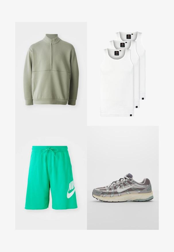 Svijetlozelena, dugosveđena majica s visokim ovratnikom i polu-zipperom. Mehak materijal s horizontalnom šavom preko prsa.; Tri bijele rebraste majice bez rukava od pamuka. Imaju okrugli izrez i male crne oznake blizu rubova. Dostupne su u više veličina.; Zelene pamučne kratke hlače s vezicom u struku, s velikim bijelim Nike logom na desnoj nozi i glatkom teksturom.; Siva sportska tenisica s gornjim dijelom od mrežaste tkanine i zamshta, bijelim detaljima, amortizirajućom potplatom i prepoznatljivim dizajnom s refleksivnim elementima.