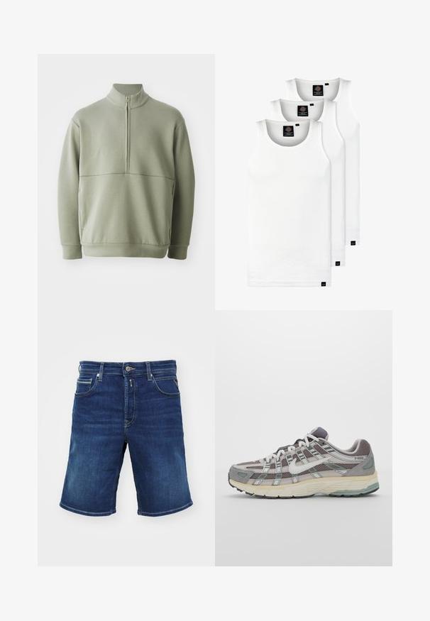 Heledad rohelise, pika varrukaga kootud särk kõrge kraega ja pooltaskuga. Pehme tekstuur, millel on horisontaalne õmbluse detail rinnaosas.; Kolm valget ribaga t-särki, mis on valmistatud puuvillast. Omavad ümmargust kaelanõhku ja väikseid musti silte hemme lähedal. Saadaval erinevates suurustes.; Tumesinised teksashortsid, mis on varustatud nööbiga kinnitusega, viie taskuga ja sirge lõikega. Keskmise kaaluga kangas, mis on kergelt pleekinud.; Hallus hallitus jalanõud, millel on võrgust ja sametist ülemine osa, valged rõhutused, pehme tald ning eristuv disain peegelduvate elementidega.