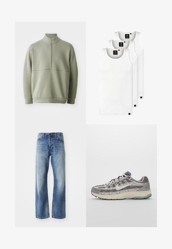 Svetlozelený, dlhý rukáv pulóver s vysokým golierom a polovičným zipsom. Mäkká textúra s horizontálnym švom cez hruď.; Tri biele rebrované tielka vyrobené z bavlny. Majú okrúhly výstrih a malé čierne štítky pri leme. Dostupné v rôznych veľkostiach.; Modré džíny s rovnými nohavicami a miernym vyblednutím na stehnách a kolenách, s piatimi vreckami a zapínaním na gombík.; Šedá športová obuv so zvrškom z nylonu a semišu, bielymi akcentmi, polstrovanou podrážkou a jedinečným dizajnom s reflexnými prvkami.