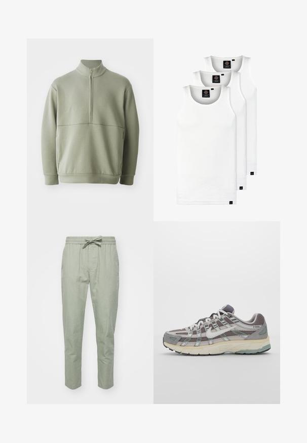 Šviesiai žalias, ilgos rankovės megztinis su aukšta apykakle ir pusiau užtrauktuku. Minkšta tekstūra su horizontalia siūle per krūtinę.; Trys balti, dryžuoti marškiniai be rankovių, pagaminti iš medvilnės. Yra apvalus kaklas ir maži juodi etiketės netoli siūlės. Siūlomi įvairių dydžių.; Šviesiai žali, siaurėjantys kelnių modeliai su elastine juosta ir reguliuojamu raišteliu; pagaminti iš minkštos, tekstūruotos medžiagos dėl patogumo.; Pilkas sportinis batas su tinklu ir zomšos viršutine dalimi, baltomis detalėmis, paminkštintu padu ir išskirtiniu dizainu su atspindinčiais elementais.