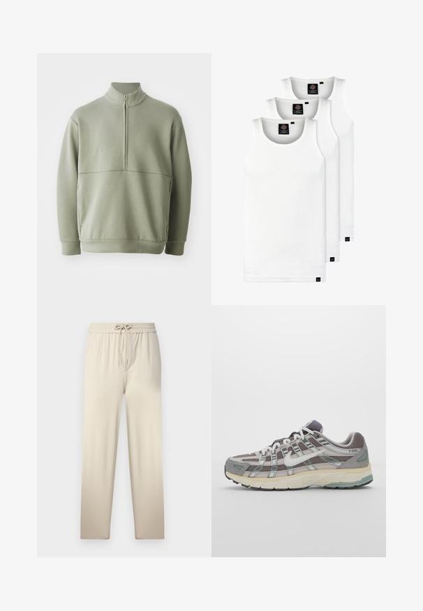 Svijetlozelena, dugosveđena majica s visokim ovratnikom i polu-zipperom. Mehak materijal s horizontalnom šavom preko prsa.; Tri bijele rebraste majice bez rukava od pamuka. Imaju okrugli izrez i male crne oznake blizu rubova. Dostupne su u više veličina.; Bež joga hlače s pojasom na pamučni uzice, koje imaju teksturiranu tkaninu i dva bočna džepa, blago se sužavaju prema gležnju.; Siva sportska tenisica s gornjim dijelom od mrežaste tkanine i zamshta, bijelim detaljima, amortizirajućom potplatom i prepoznatljivim dizajnom s refleksivnim elementima.