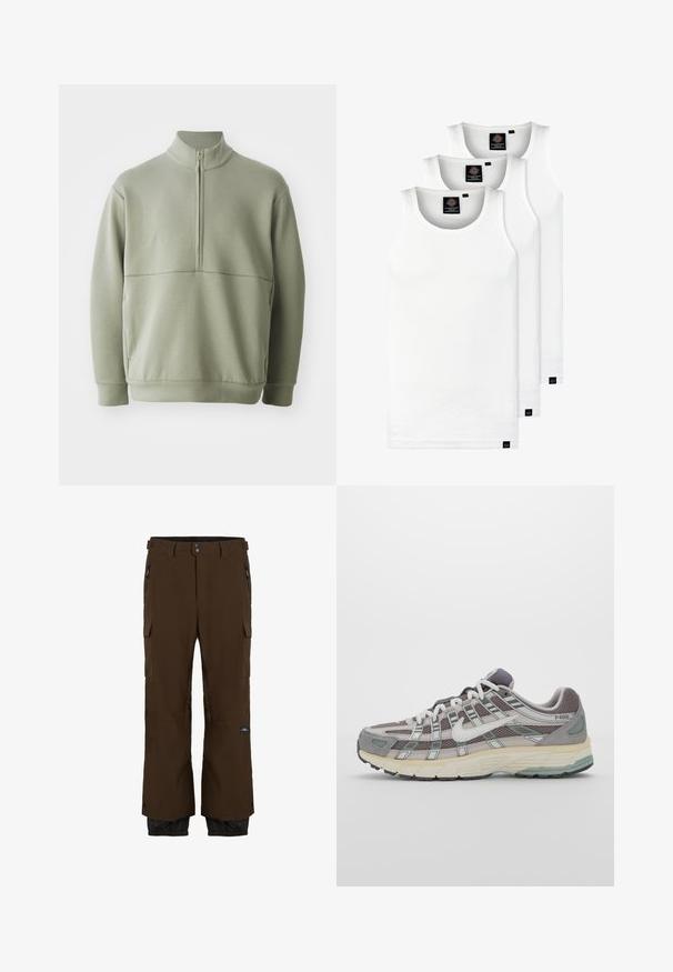 Světlá zelená mikina s dlouhým rukávem, vysokým límečkem a půlzipem. Měkká textura s horizontálním švem přes hruď.; Tři bílé žebrované tílka vyrobené z bavlny. Mají kulatý výstřih a malé černé štítky poblíž lemu. Dostupné v několika velikostech.; Hnědé voděodolné kalhoty s černými akcenty. Obsahují cargo kapsy, kapsu na zip a elastické manžety. Vyrobeny z odolného materiálu.; Šedá sportovní obuv s vrchní částí z mikrovlákna a semiše, bílými akcenty, polstrovanou podrážkou a jedinečným designem s reflexními prvky.